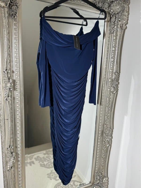New Look New Look Navy Ruched Bardot Bodycon Midi Dress, Size 12