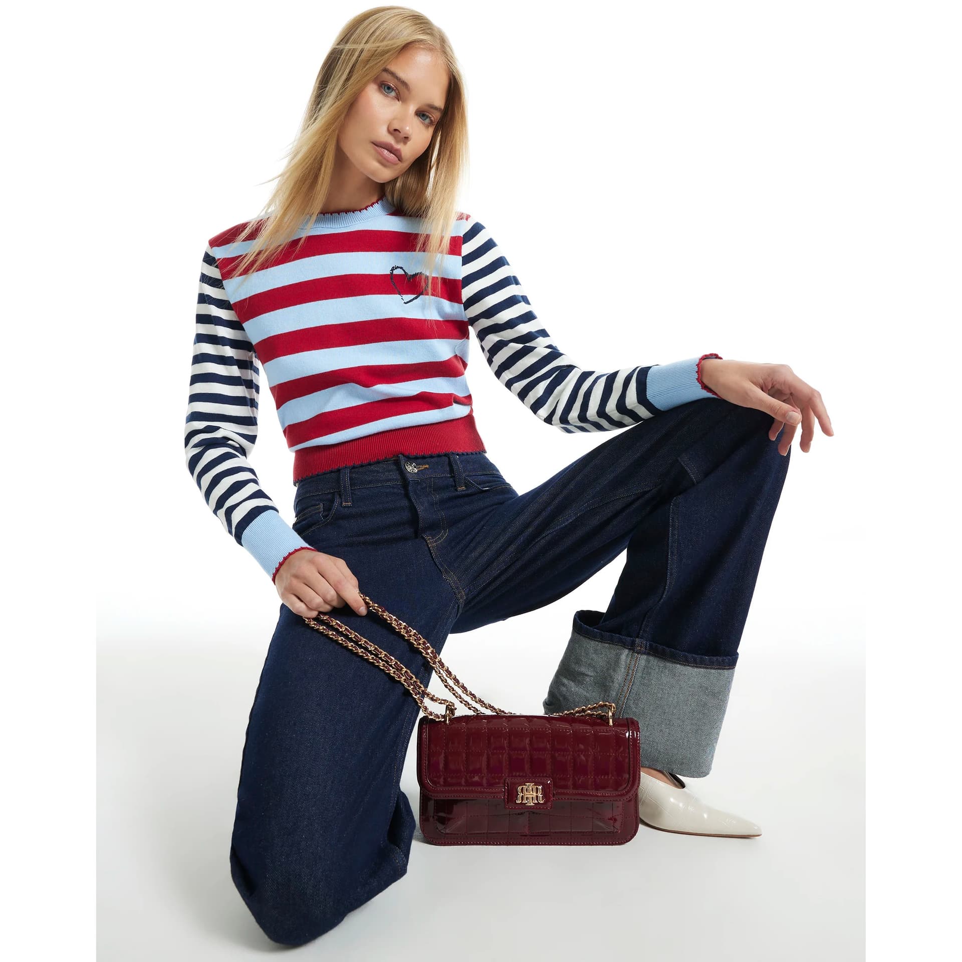 River Island River Island Womens Navy Stripe Knit Long Sleeve Colour Block Top