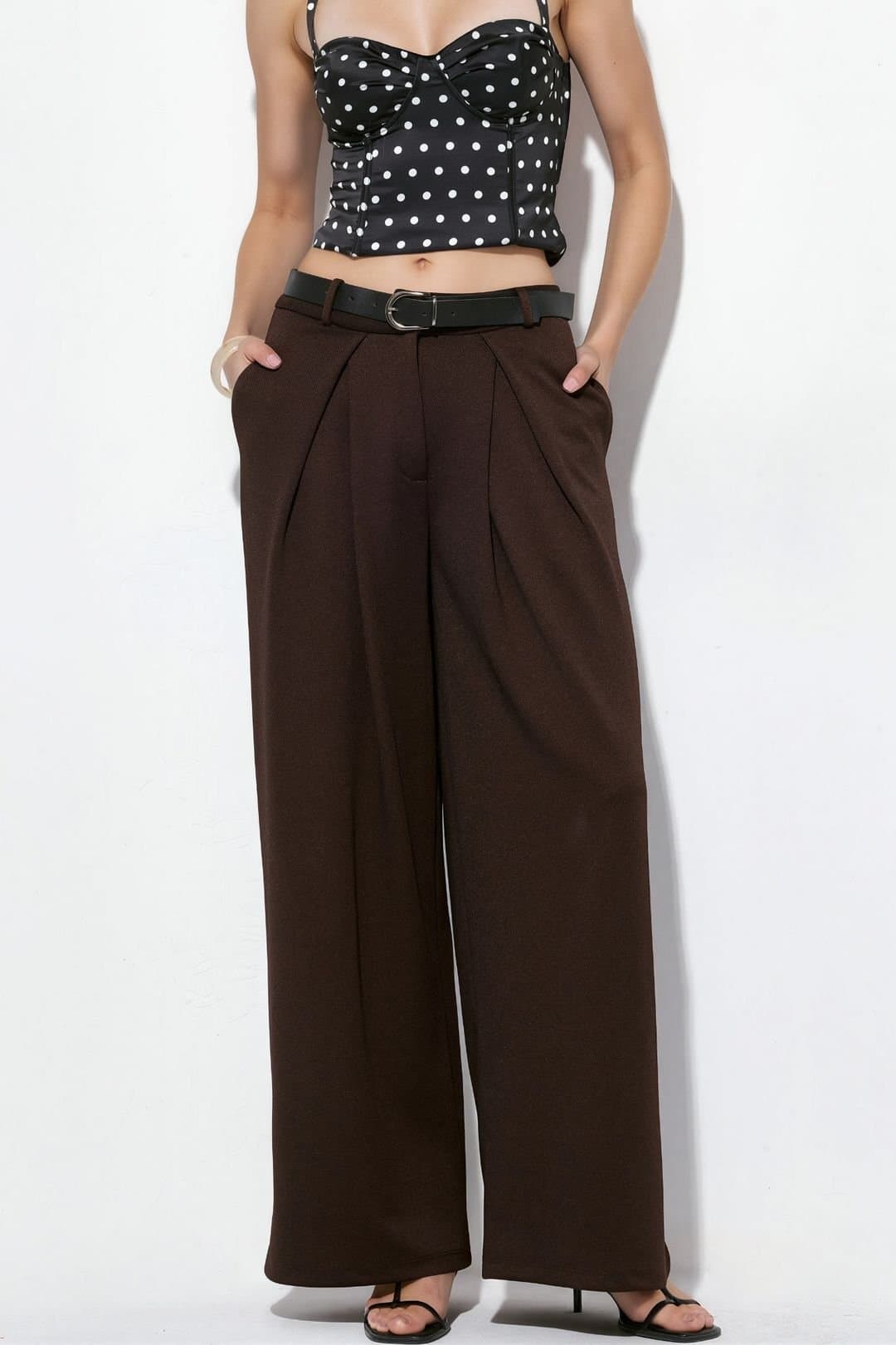 Busem Busem Women's High-Waist Wide-Leg Crepe Trousers With Belt in Brown