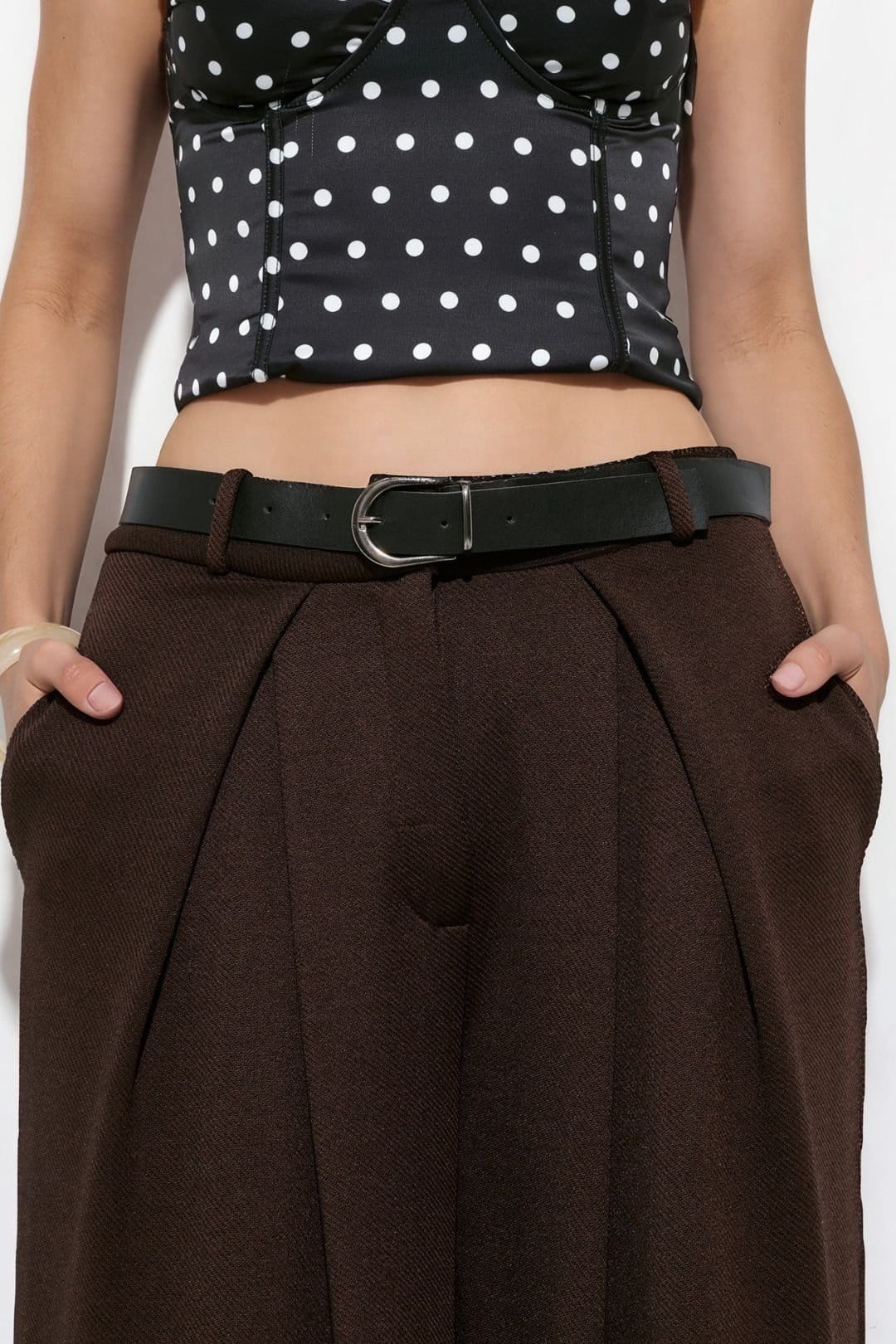 Busem Busem Women's High-Waist Wide-Leg Crepe Trousers With Belt in Brown - 4