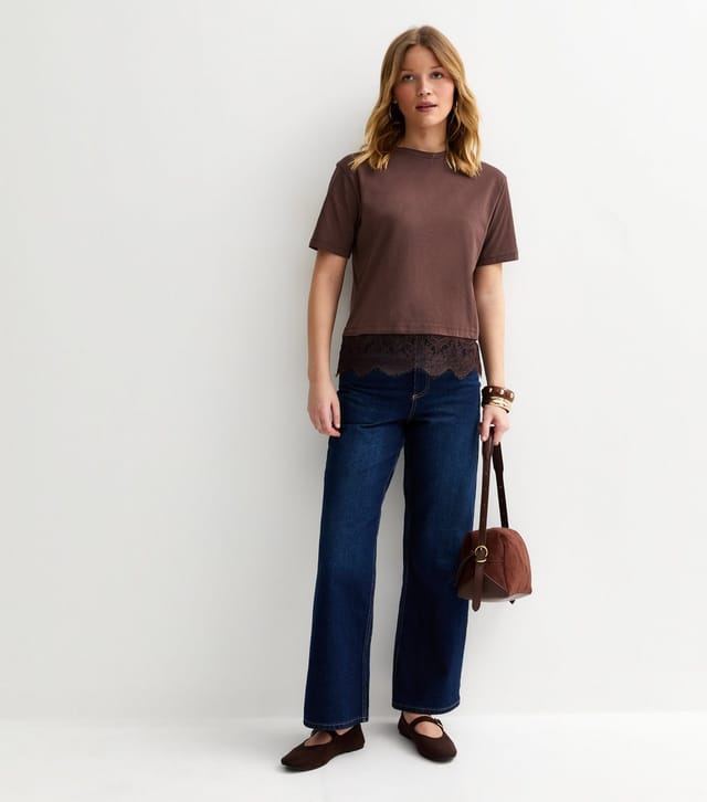 New Look Women's Brown Lace Hem Boxy T-Shirt New Look - 3