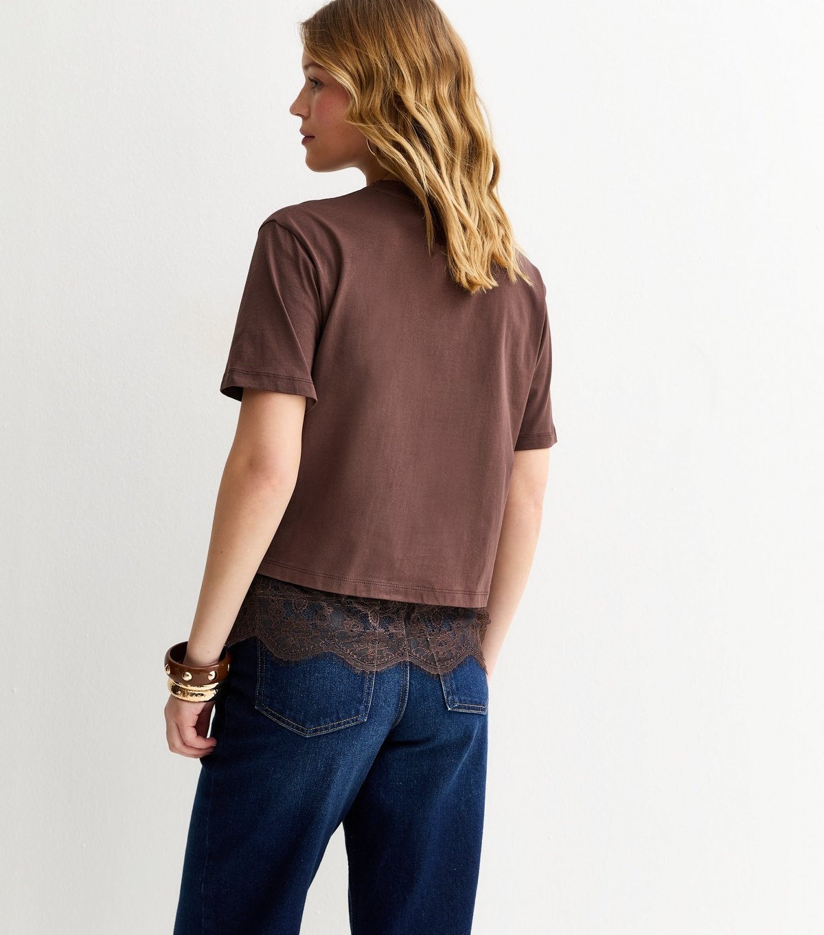New Look Women's Brown Lace Hem Boxy T-Shirt New Look - 4