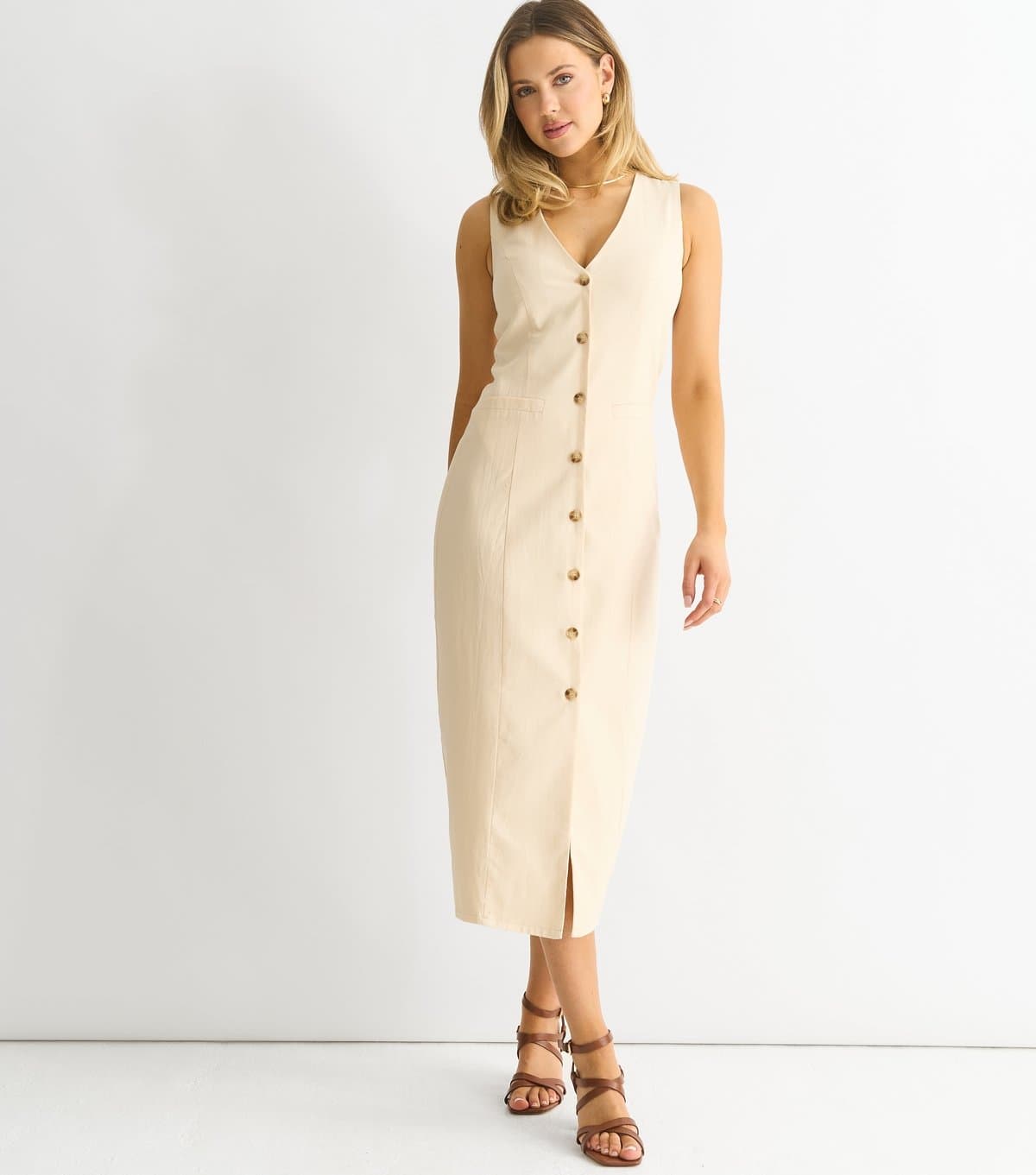 Gini London Women's Stone Button Front Midi Dress Gini London New Look