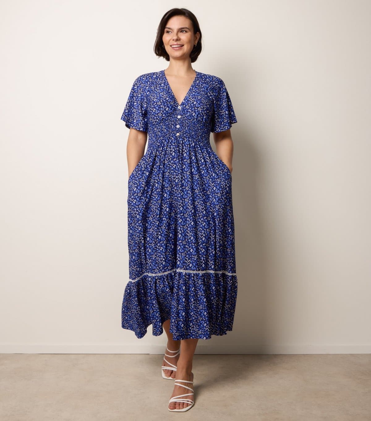 Blue Vanilla Women's Blue Floral Print Button Front Midi Dress Blue Vanilla New Look