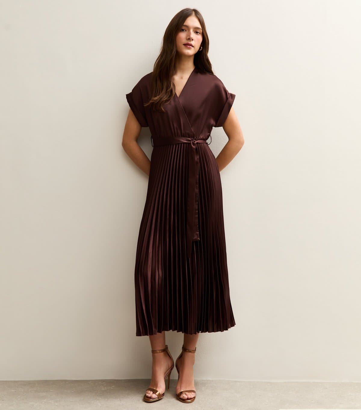 New Look Women's Dark Brown Satin Pleated Wrap Midi Dress New Look