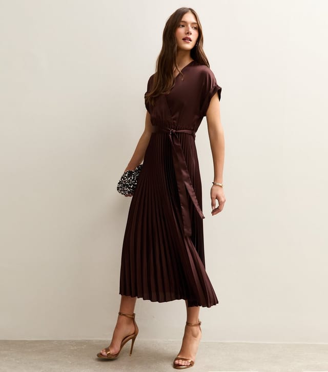 New Look Women's Dark Brown Satin Pleated Wrap Midi Dress New Look - 3