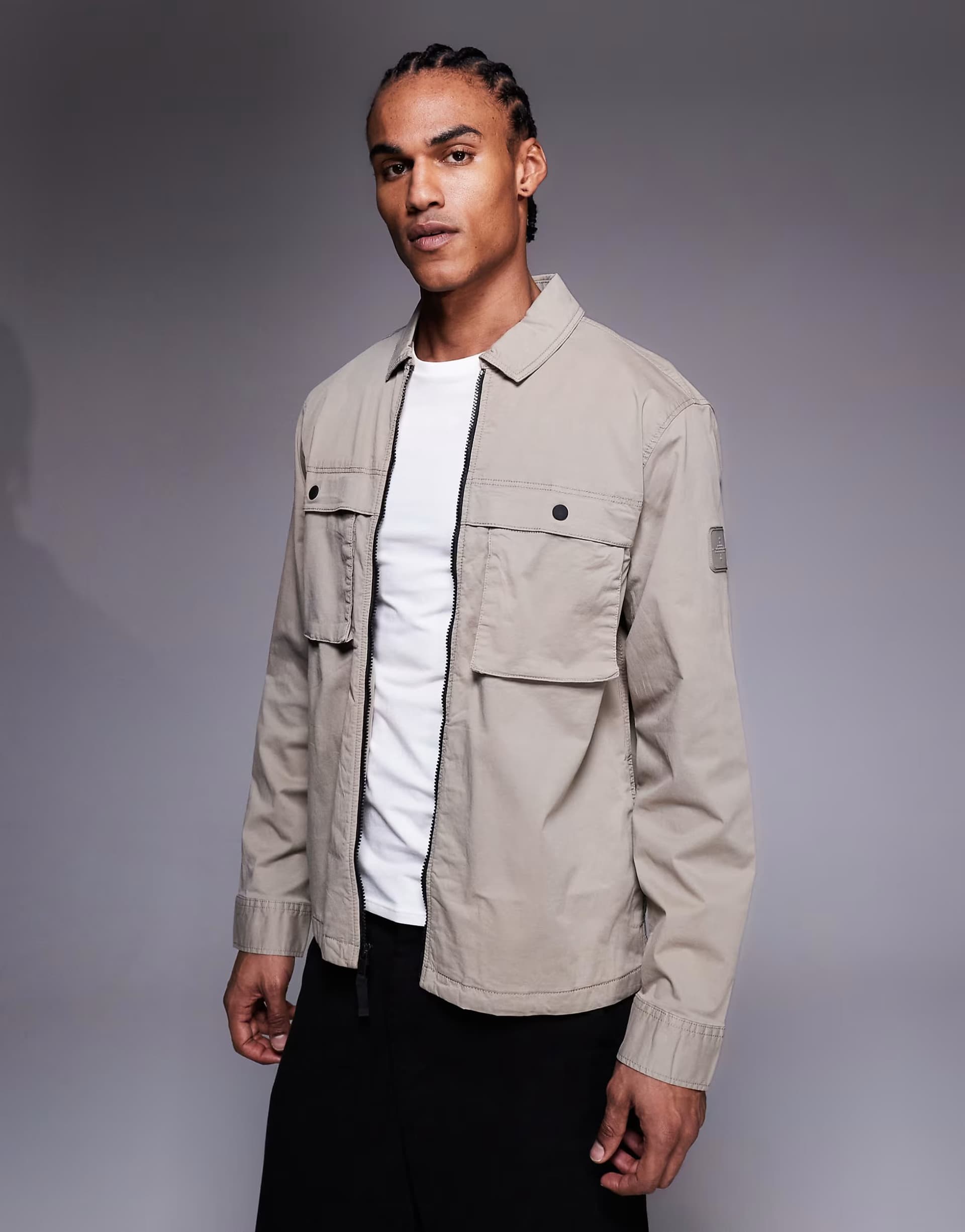 ASOS River Island lightweight badge detail zip overshirt in light stone