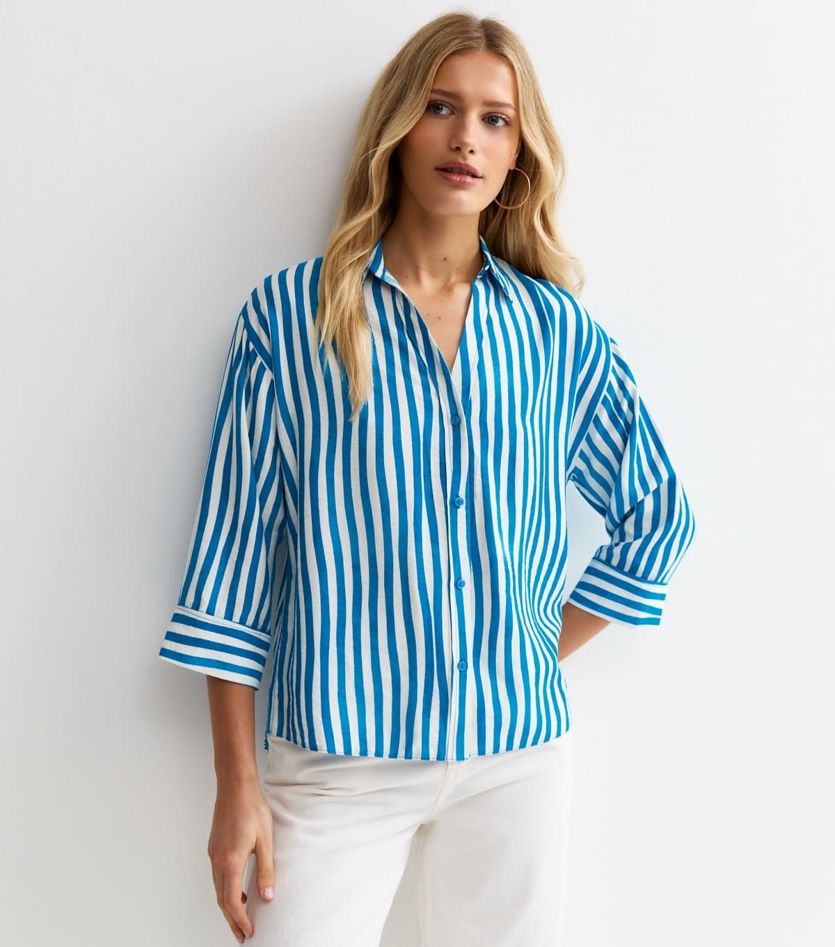 New Look Women's Blue Striped 3/4 Sleeve Shirt New Look