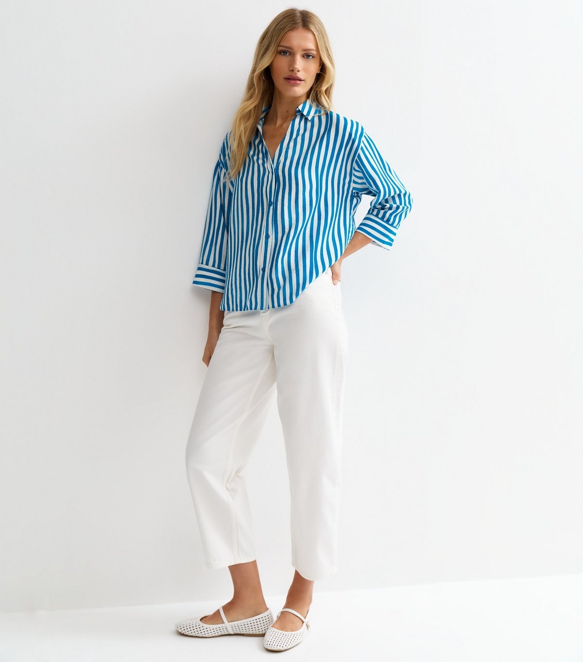 New Look Women's Blue Striped 3/4 Sleeve Shirt New Look - 3