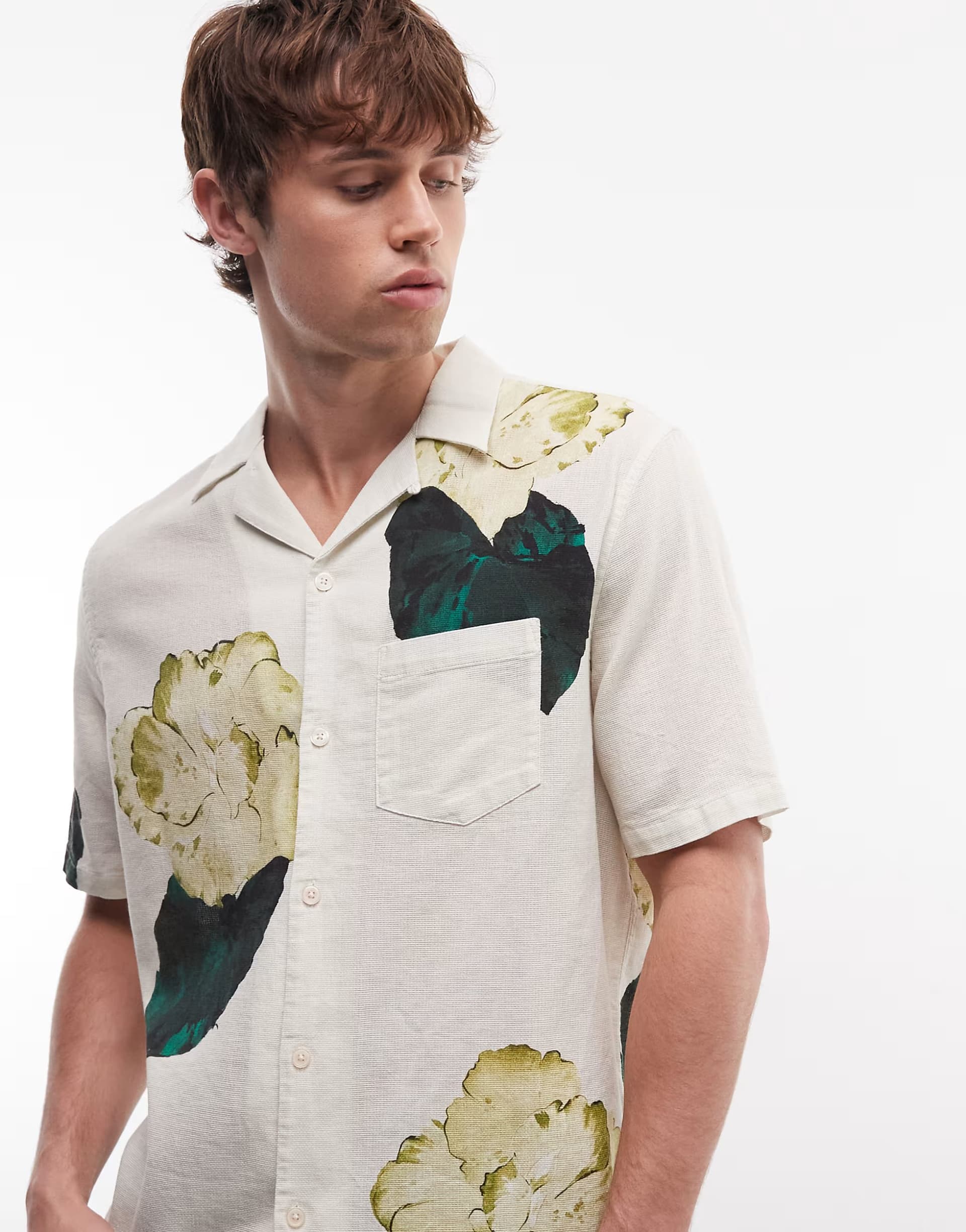 ASOS AllSaints Nouvelle short sleeve linen blend floral shirt in ecru