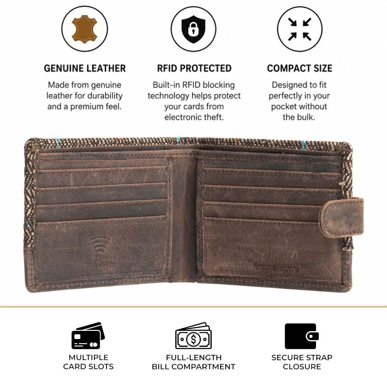 Woodland Leathers Woodland Leathers Men's Men's RFID Genuine Leather & Tweed Wallet, Slim Bifold Card Holder in Brown - 4