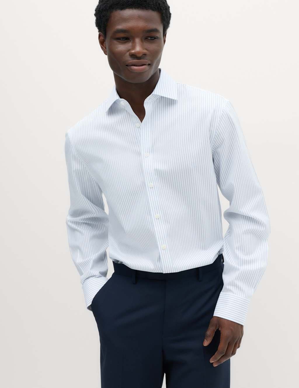 Marks & Spencer M&S Regular Fit UItimate Non Iron Pure Cotton Striped Shirt Blue Mix