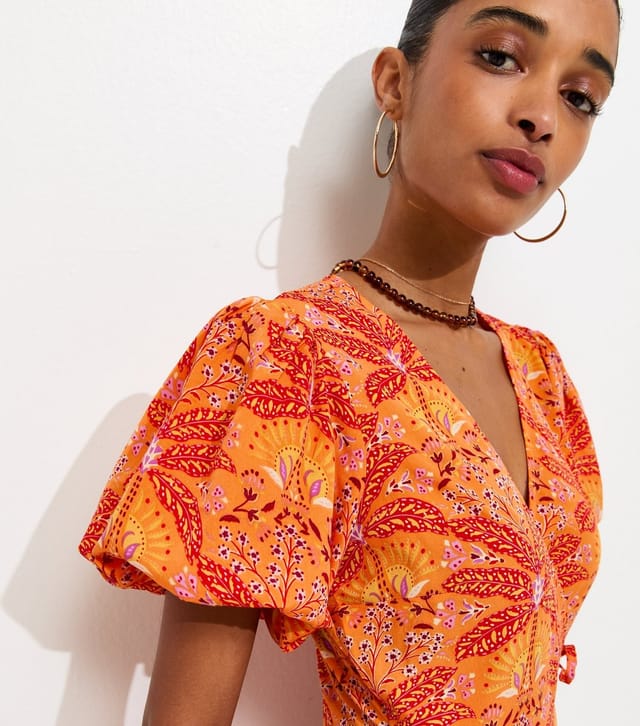 New Look Women's Orange Crepe Tropical Pattern Wrap Midi Dress New Look - 2