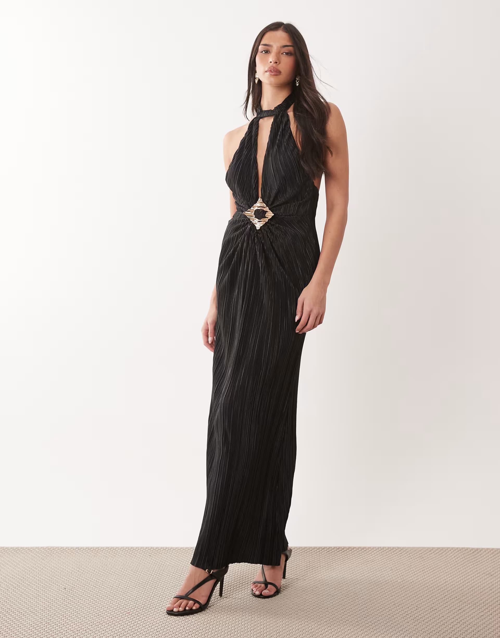 ASOS ASOS DESIGN plisse halter neck maxi dress with trim detail in black
