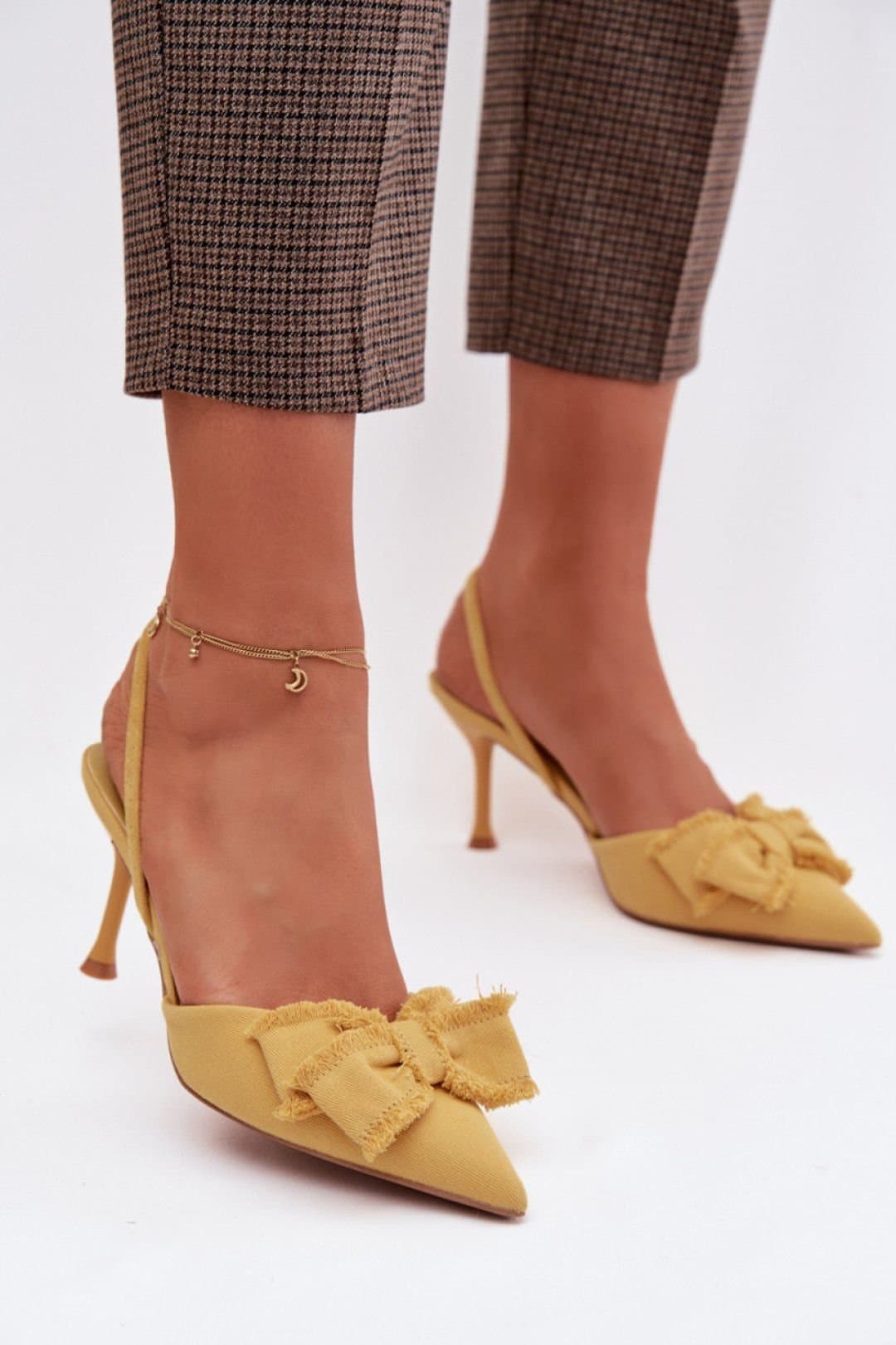 Love Lace Love Lace Yellow Textile Stiletto Heel Sandals with Front Bow