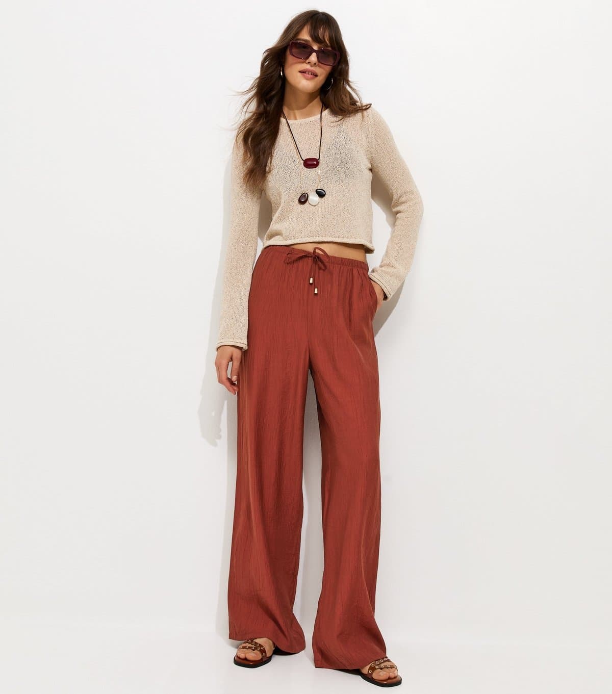New Look Women's Tall Rust Crinkle Texture Wide Leg Trousers New Look