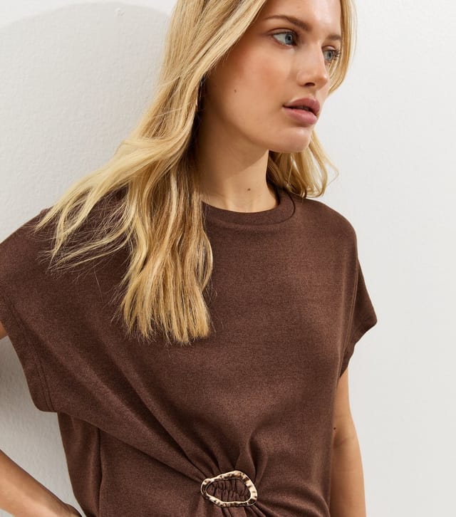 New Look Women's Dark Brown Textured Soft Touch Buckle Detail Top New Look - 2