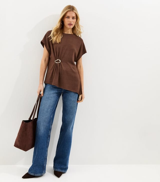 New Look Women's Dark Brown Textured Soft Touch Buckle Detail Top New Look - 3