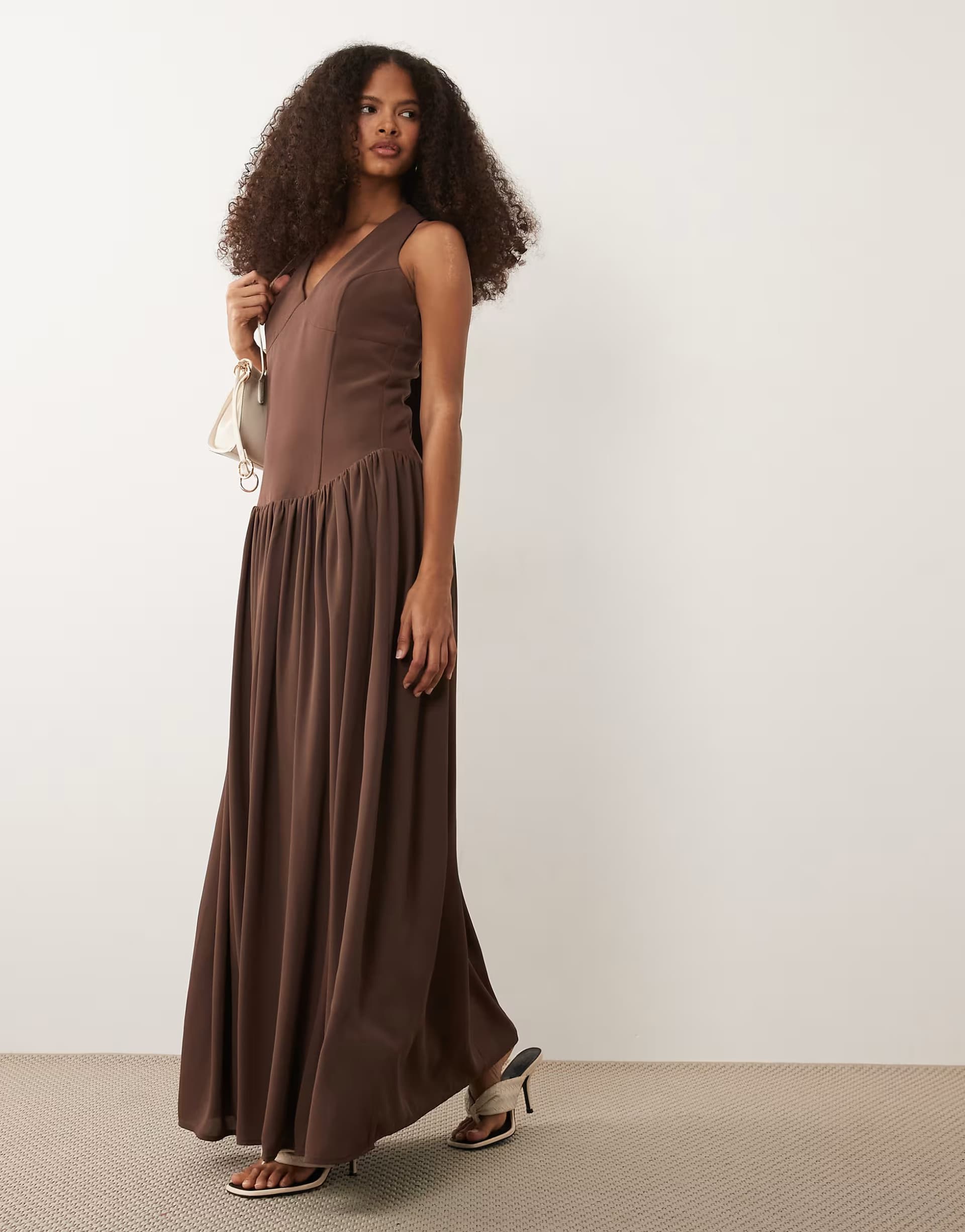 ASOS Pretty Lavish Isadora dropped waist fitted halter neck maxi dress in brown