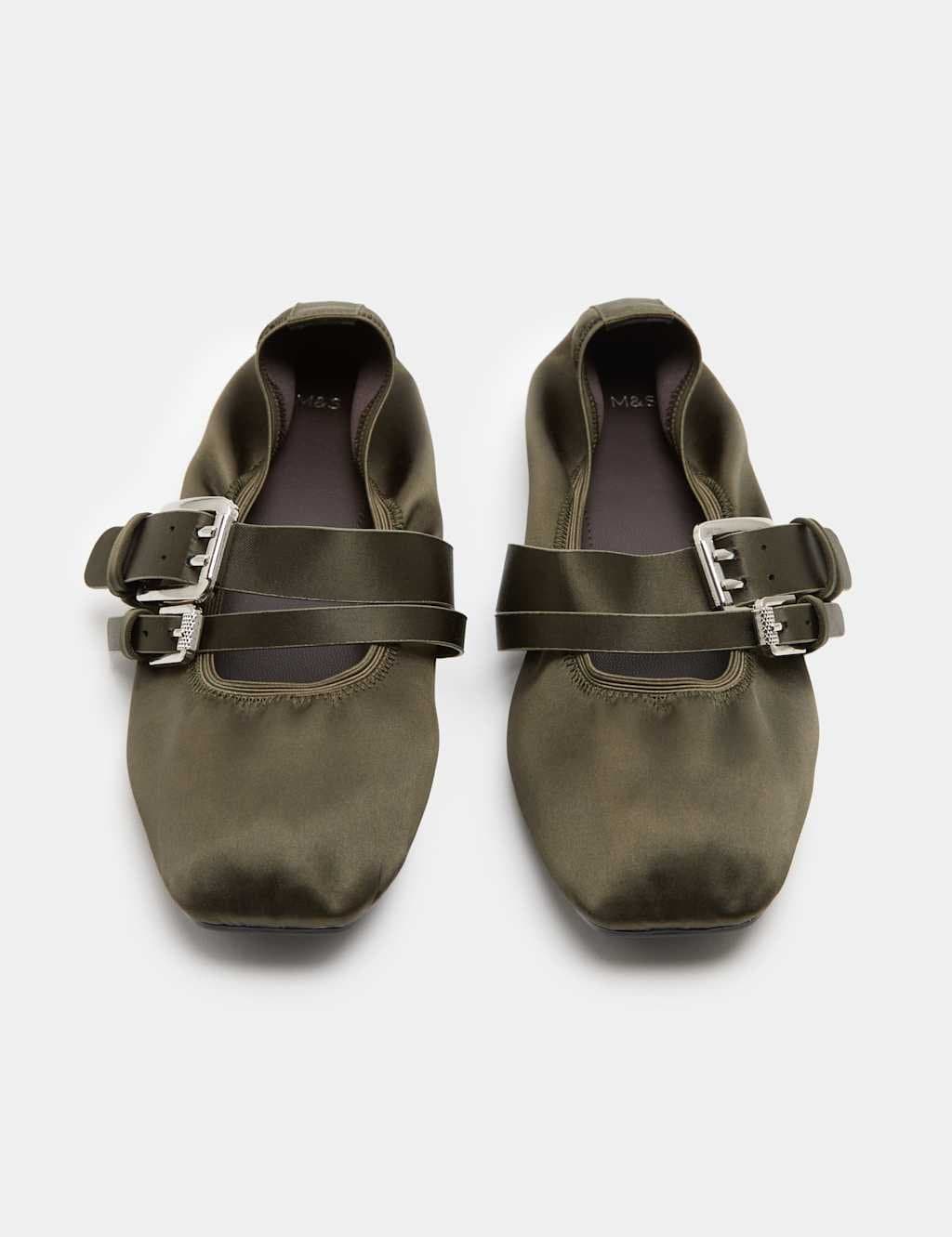 Marks & Spencer M&S Satin Double Buckle Flat Mary Jane Ballet Pumps Olive