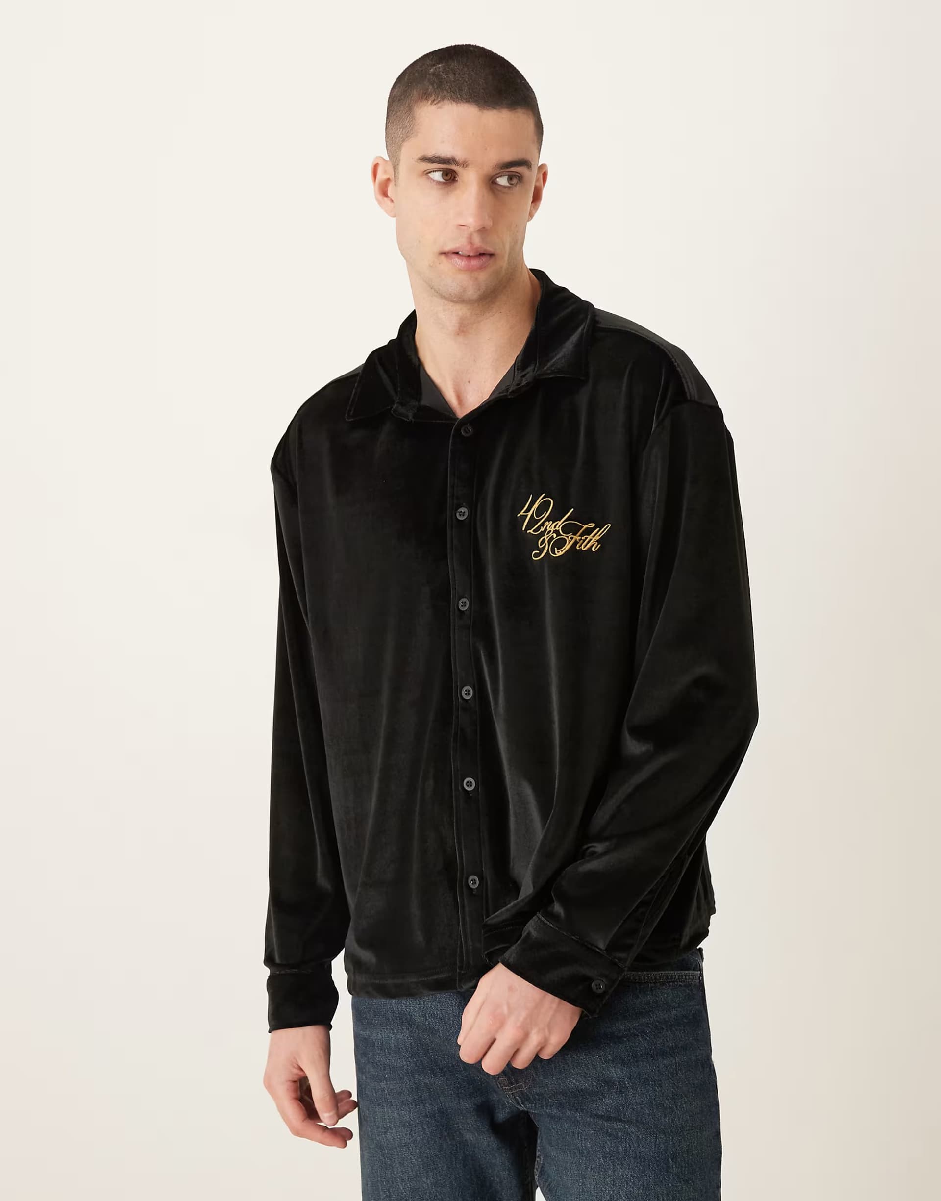 ASOS ASOS DESIGN long sleeve relaxed boxy shirt in velour black