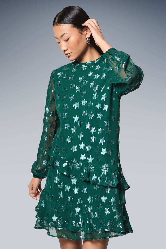 Dorothy Perkins Dorothy Perkins Women's Petite DP Luxe Star Jacquard Ruffle Shift Mini Dress in Green - 2