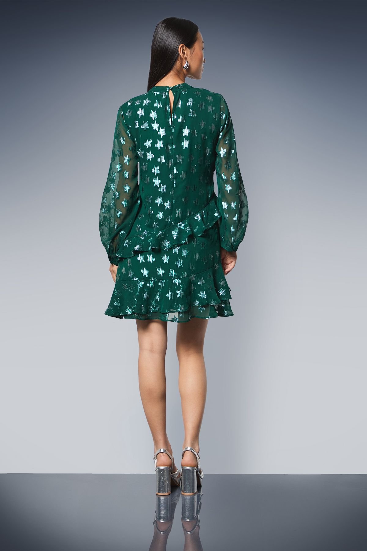 Dorothy Perkins Dorothy Perkins Women's Petite DP Luxe Star Jacquard Ruffle Shift Mini Dress in Green - 3