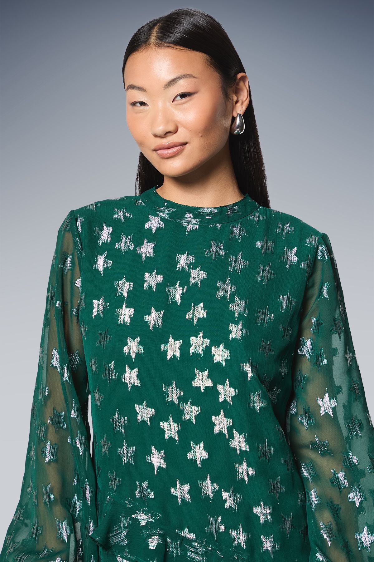 Dorothy Perkins Dorothy Perkins Women's Petite DP Luxe Star Jacquard Ruffle Shift Mini Dress in Green - 4