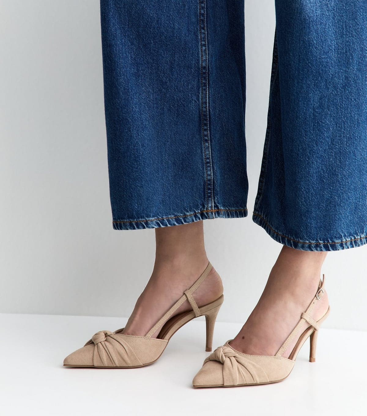 New Look Women's Wide Fit Light Brown Faux Suede Knotted Slingback Court Shoes Vegan New Look