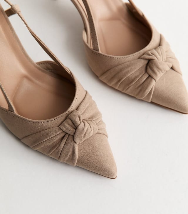 New Look Women's Wide Fit Light Brown Faux Suede Knotted Slingback Court Shoes Vegan New Look - 3