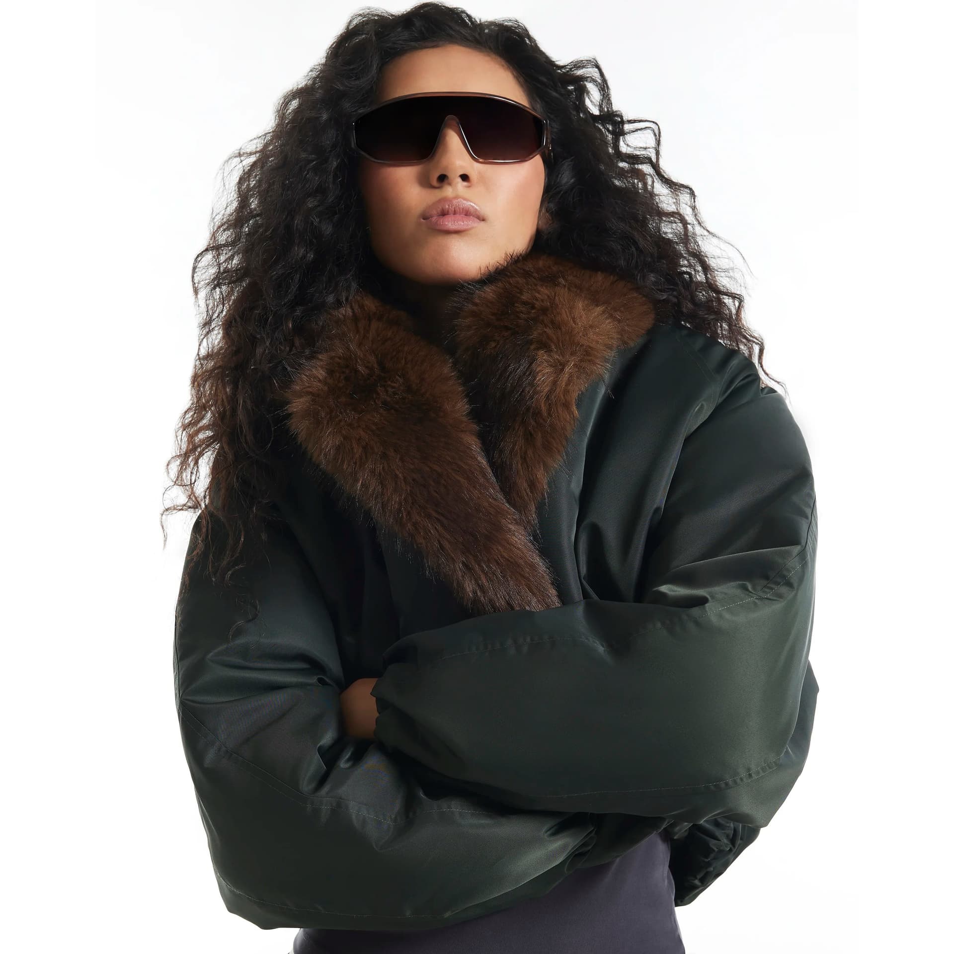 River Island River Island Womens Khaki Fur Shawl Collar Padded Jacket