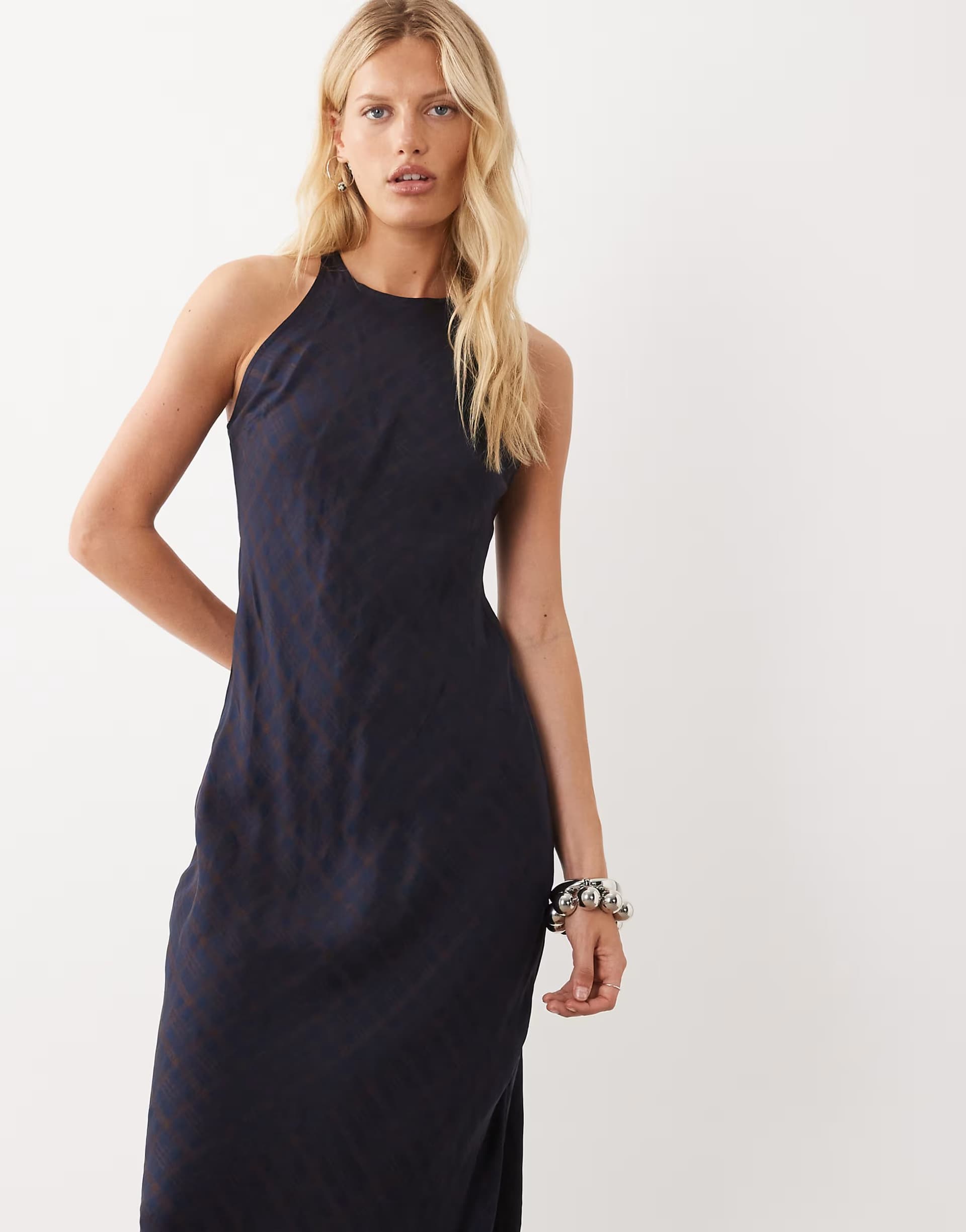 ASOS Mango sleeveless halterneck midi dress in blue check print