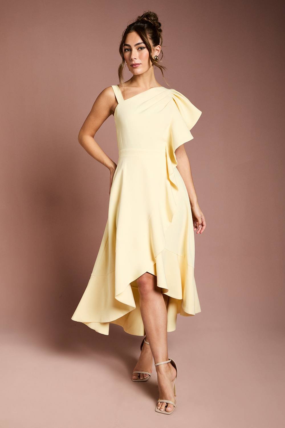 Coast Coast Women's One Shoulder Crepe Ruffle Midi Dress in Lemon - 2