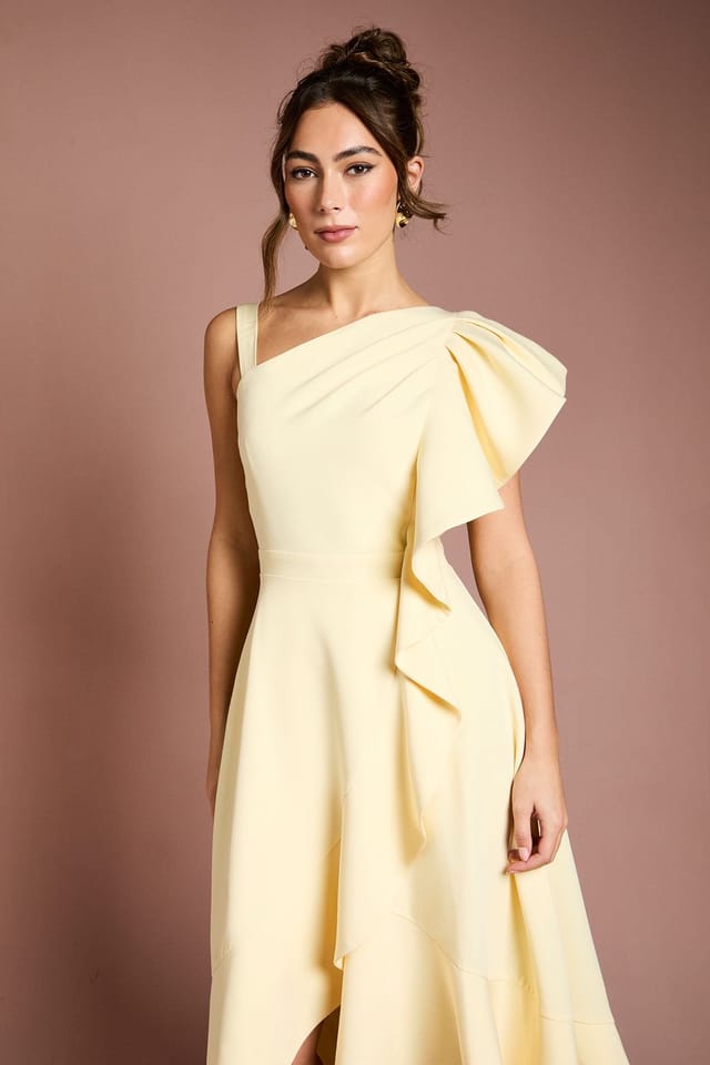 Coast Coast Women's One Shoulder Crepe Ruffle Midi Dress in Lemon - 2
