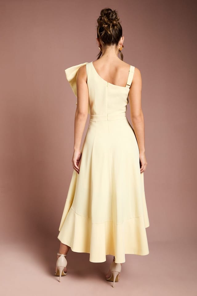 Coast Coast Women's One Shoulder Crepe Ruffle Midi Dress in Lemon - 3