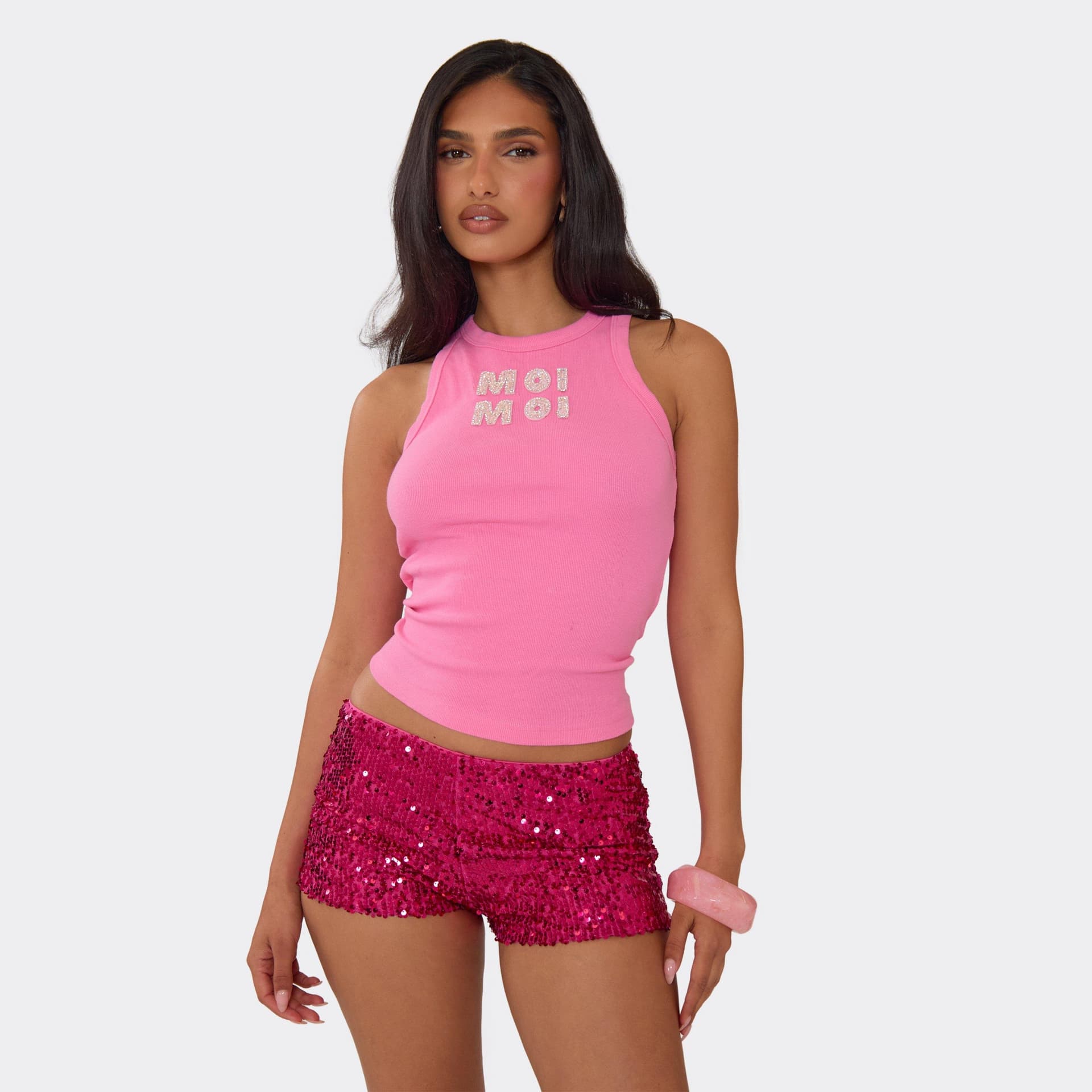 EGO EGO Pink Ribbed Slogan Sleeveless Top