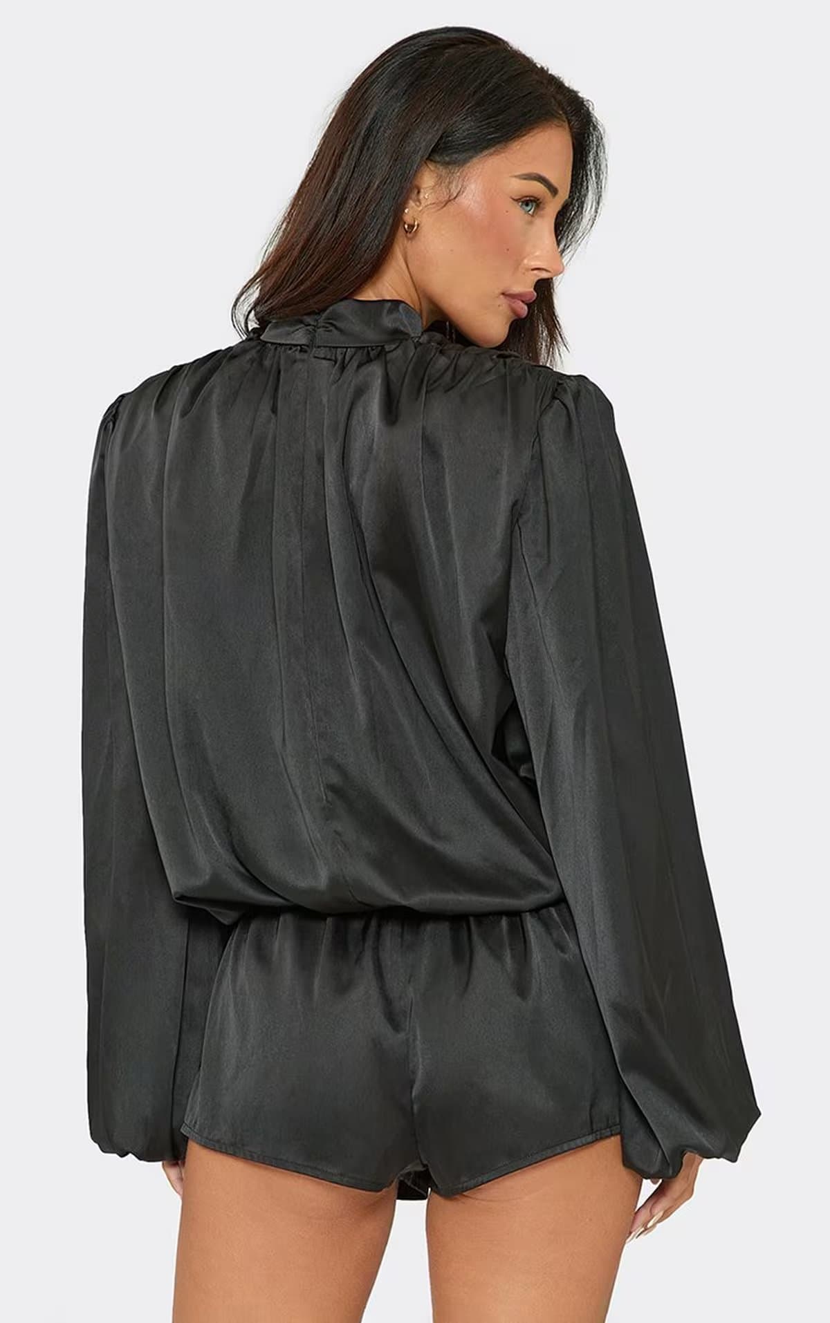 EGO High Neck Lace Insert Shoulder Padded Playsuit In Black Satin, Women's Size UK 6