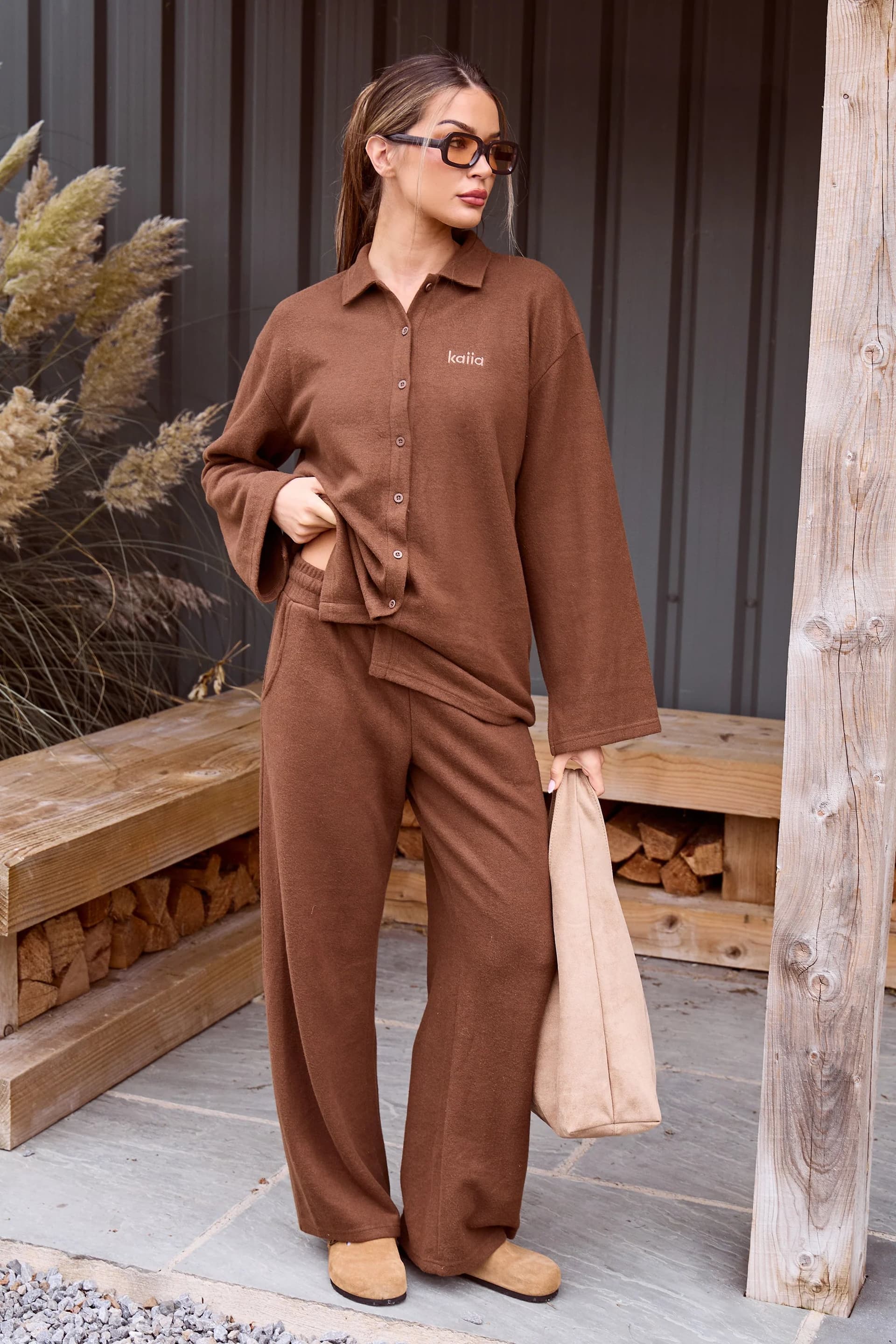 Kaiia Kaiia Coffee Supersoft Wide Leg Trousers