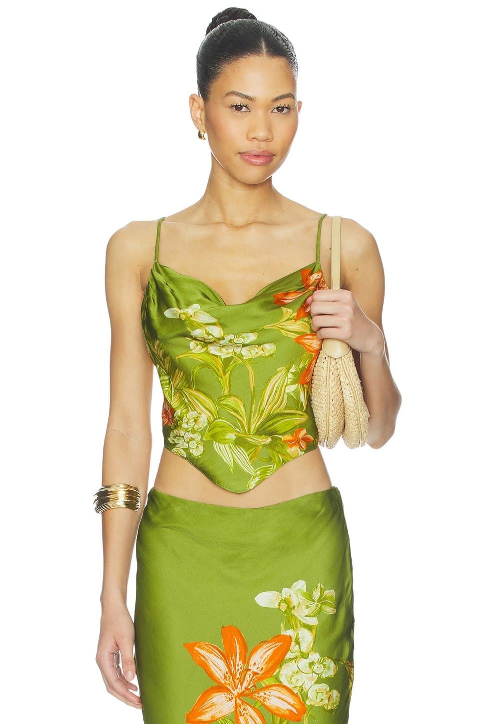 revolve Revolve Green Floral Cowl Neck Top
