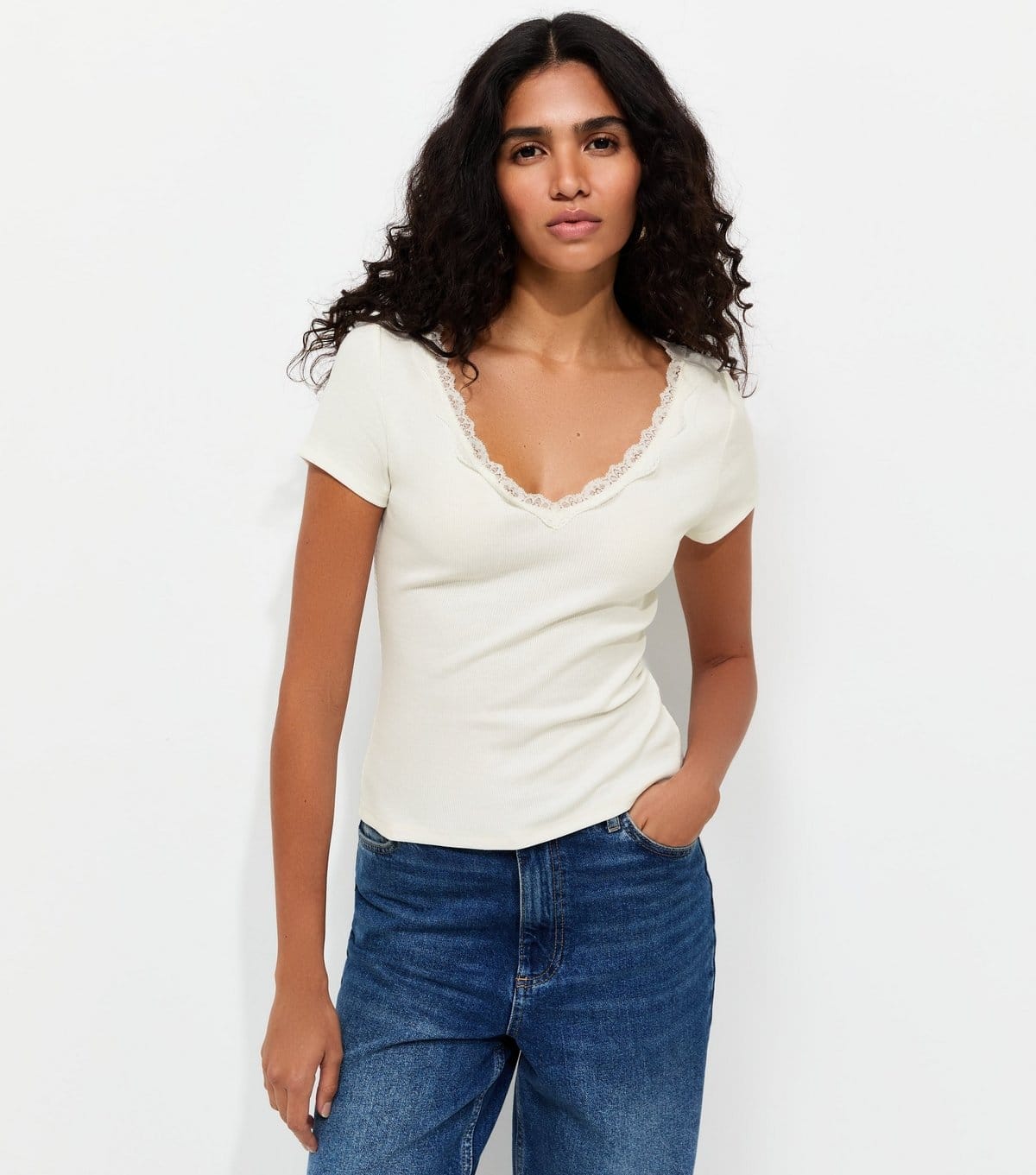 Women's Off White Cotton Rich Ribbed Lace Trim V Neck T-Shirt New Look