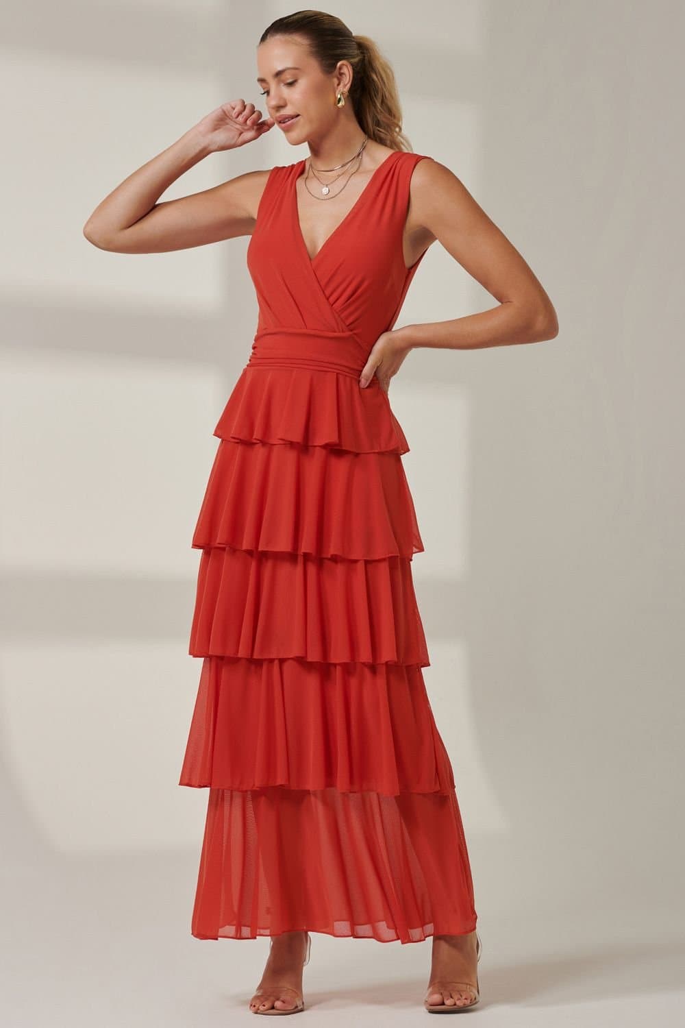 Jolie Moi Jolie Moi Women's Plain Tiered Mesh Maxi Dress in Orange