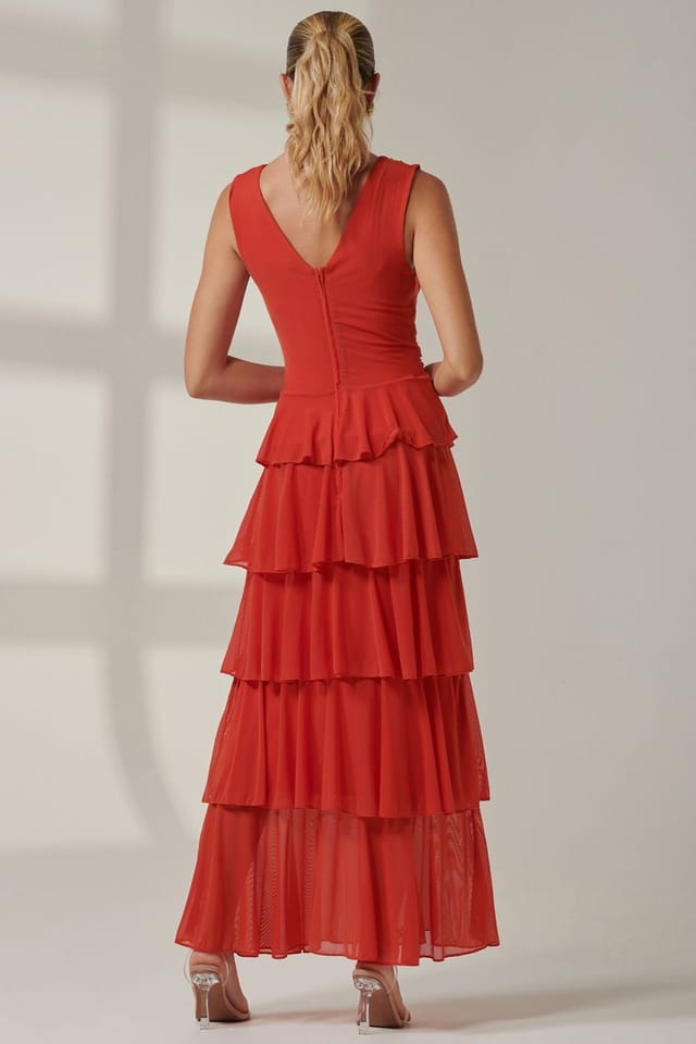 Jolie Moi Jolie Moi Women's Plain Tiered Mesh Maxi Dress in Orange - 2