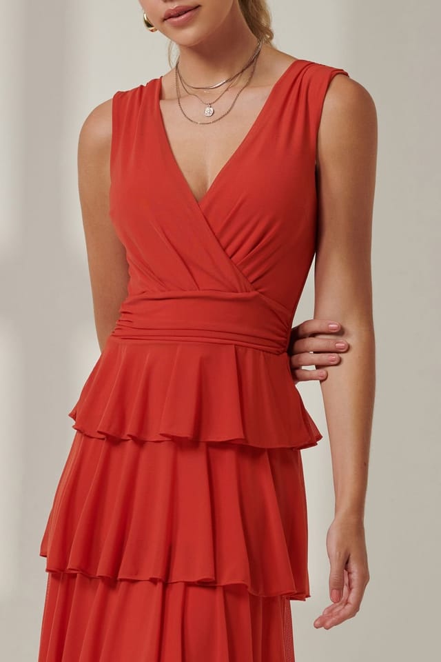 Jolie Moi Jolie Moi Women's Plain Tiered Mesh Maxi Dress in Orange - 3