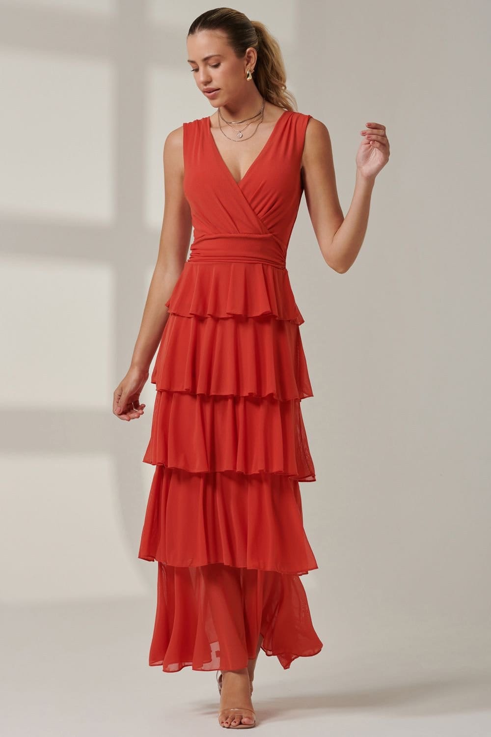 Jolie Moi Jolie Moi Women's Plain Tiered Mesh Maxi Dress in Orange - 4