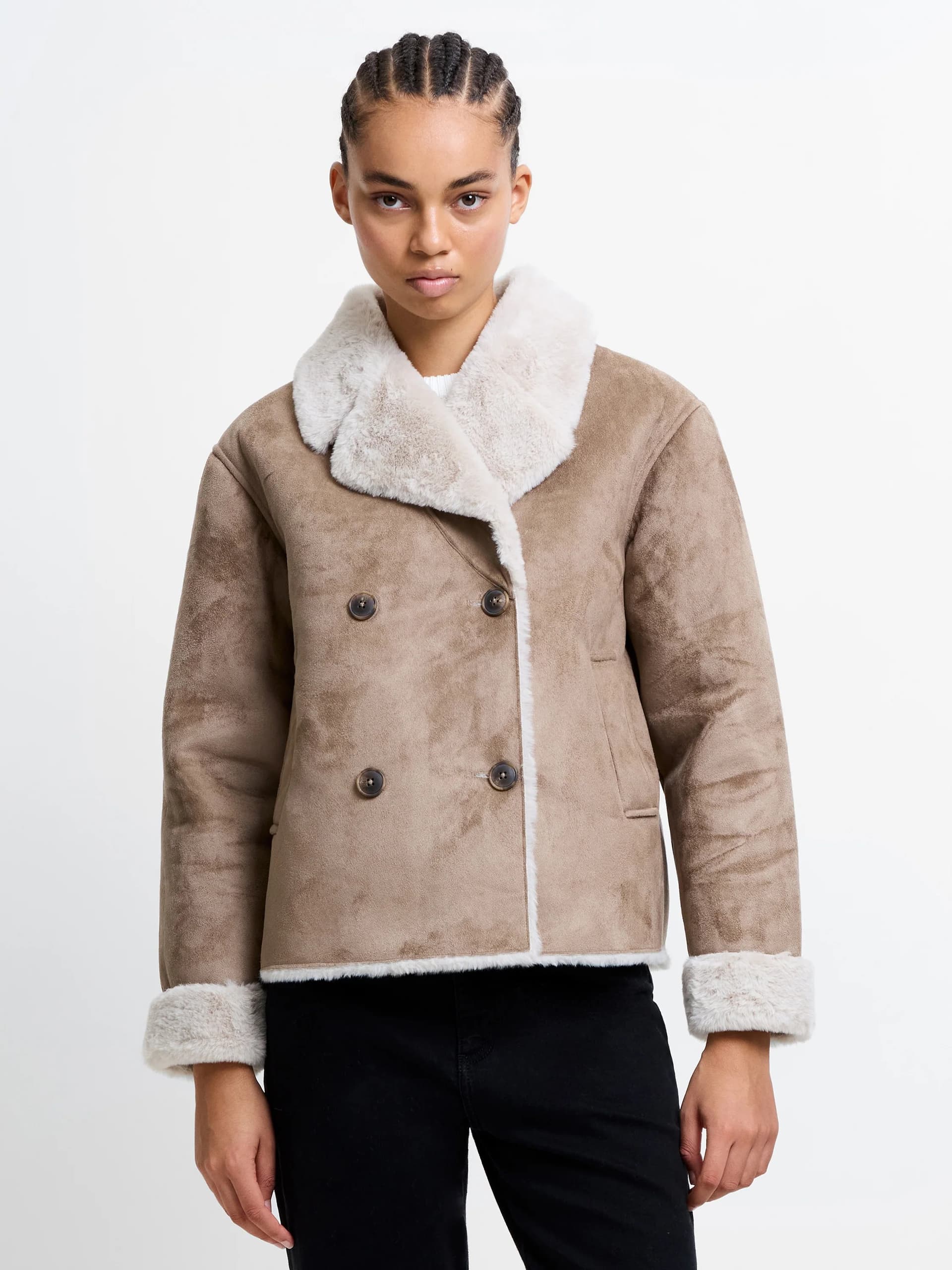 French Connection Faux Suede Double Breasted Coat Taupe Brown