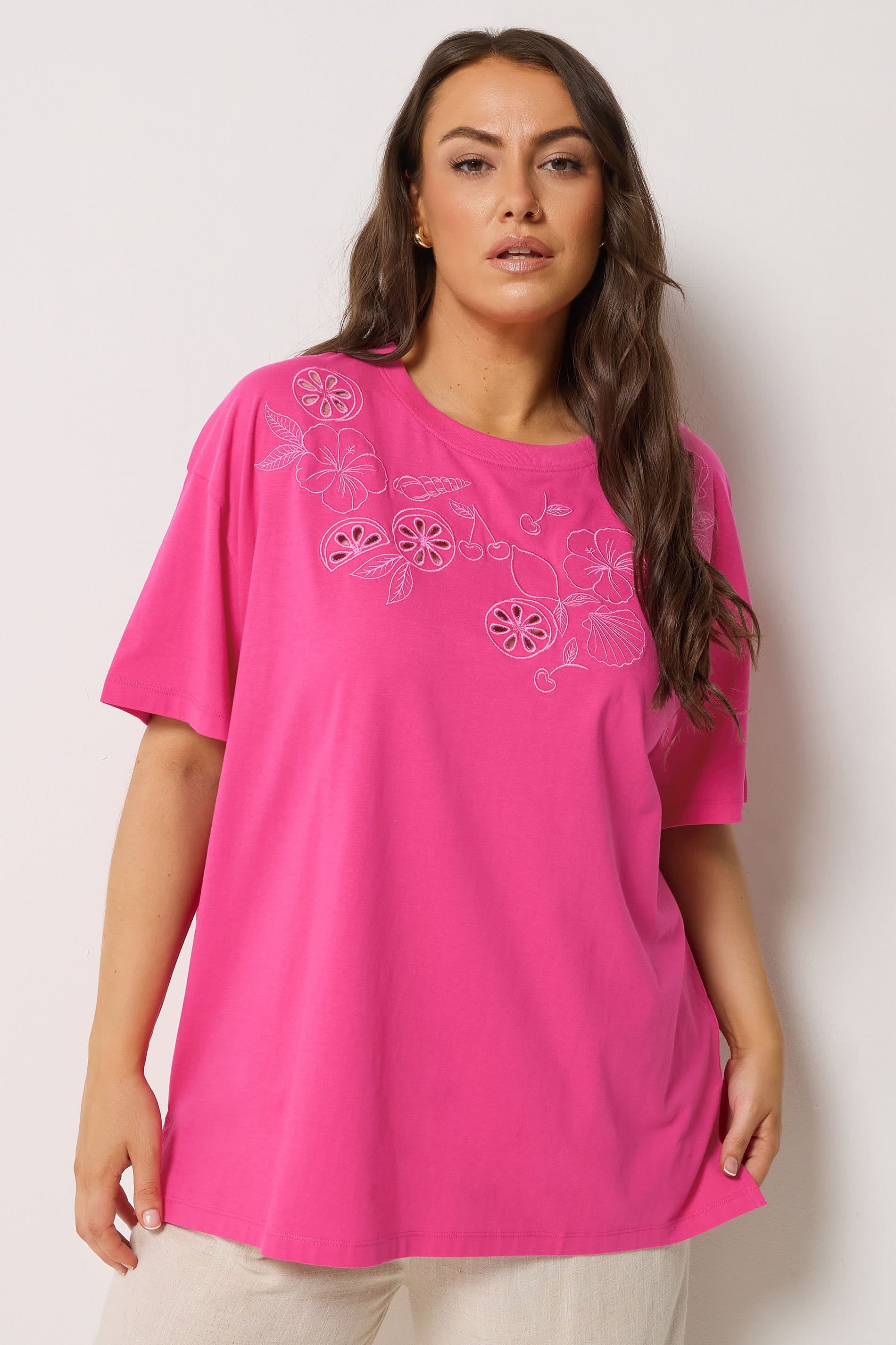 Yours Plus Size Pink Embroidered Fruit Tshirt