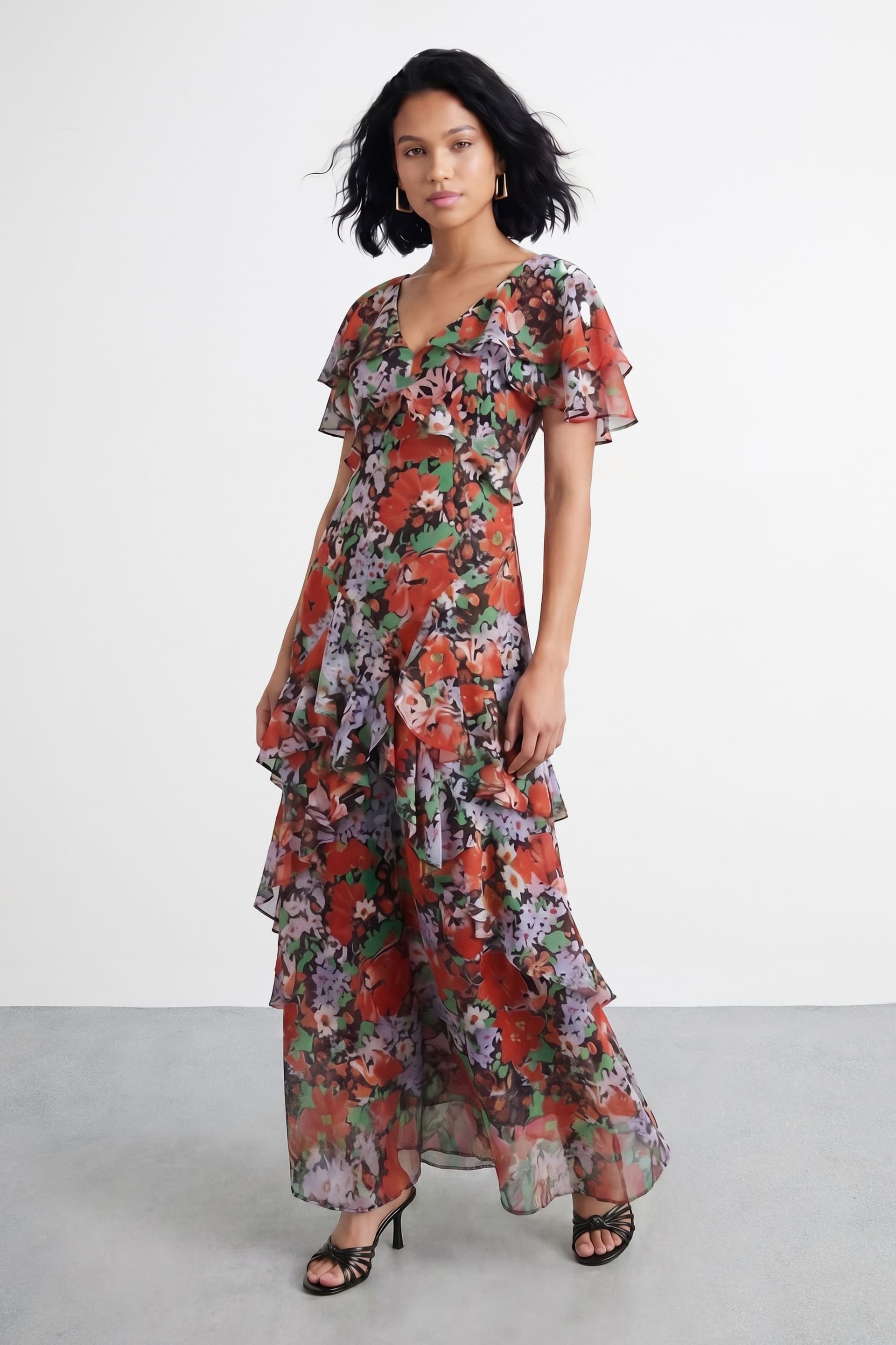 Warehouse Warehouse Women's Petite Flutter Sleeve Floral Print Frill Detail Maxi Dress