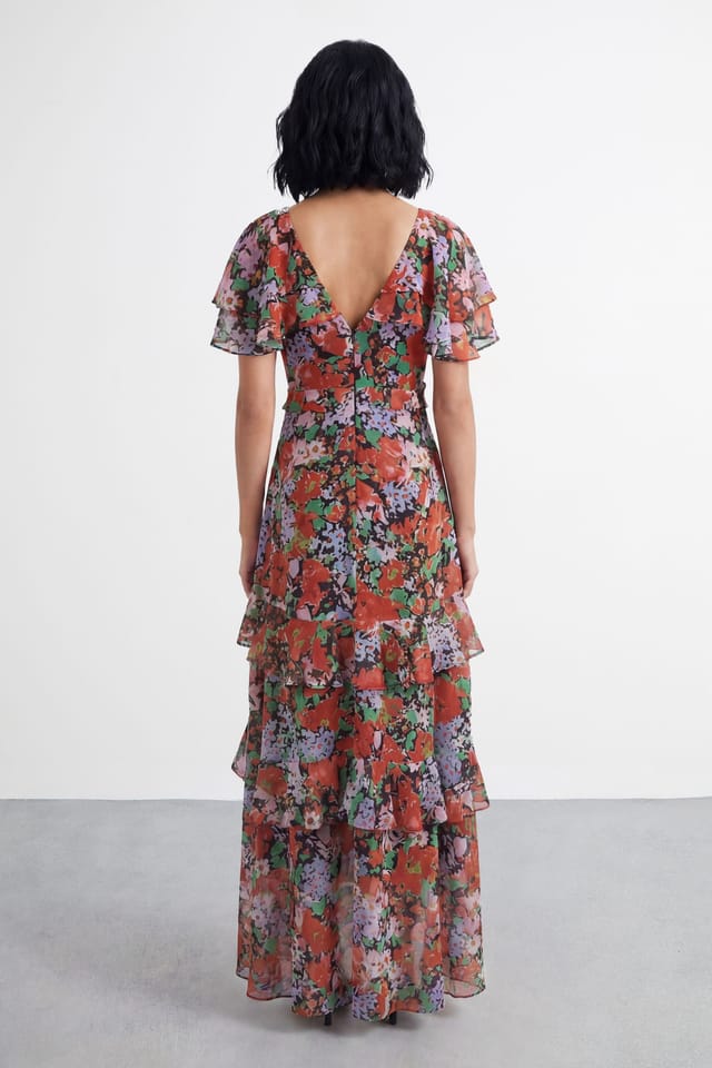 Warehouse Warehouse Women's Petite Flutter Sleeve Floral Print Frill Detail Maxi Dress - 3