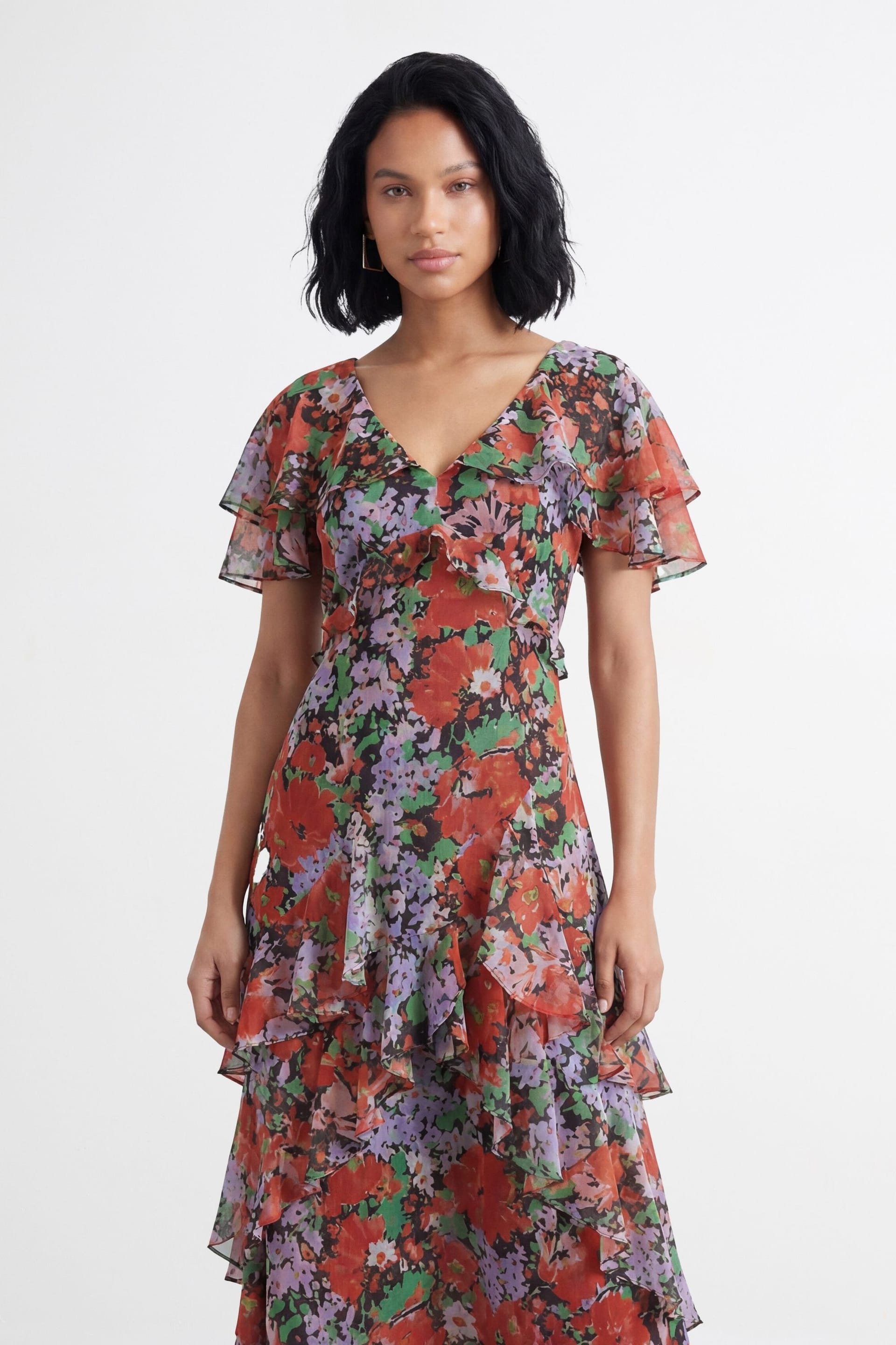 Warehouse Warehouse Women's Petite Flutter Sleeve Floral Print Frill Detail Maxi Dress - 4