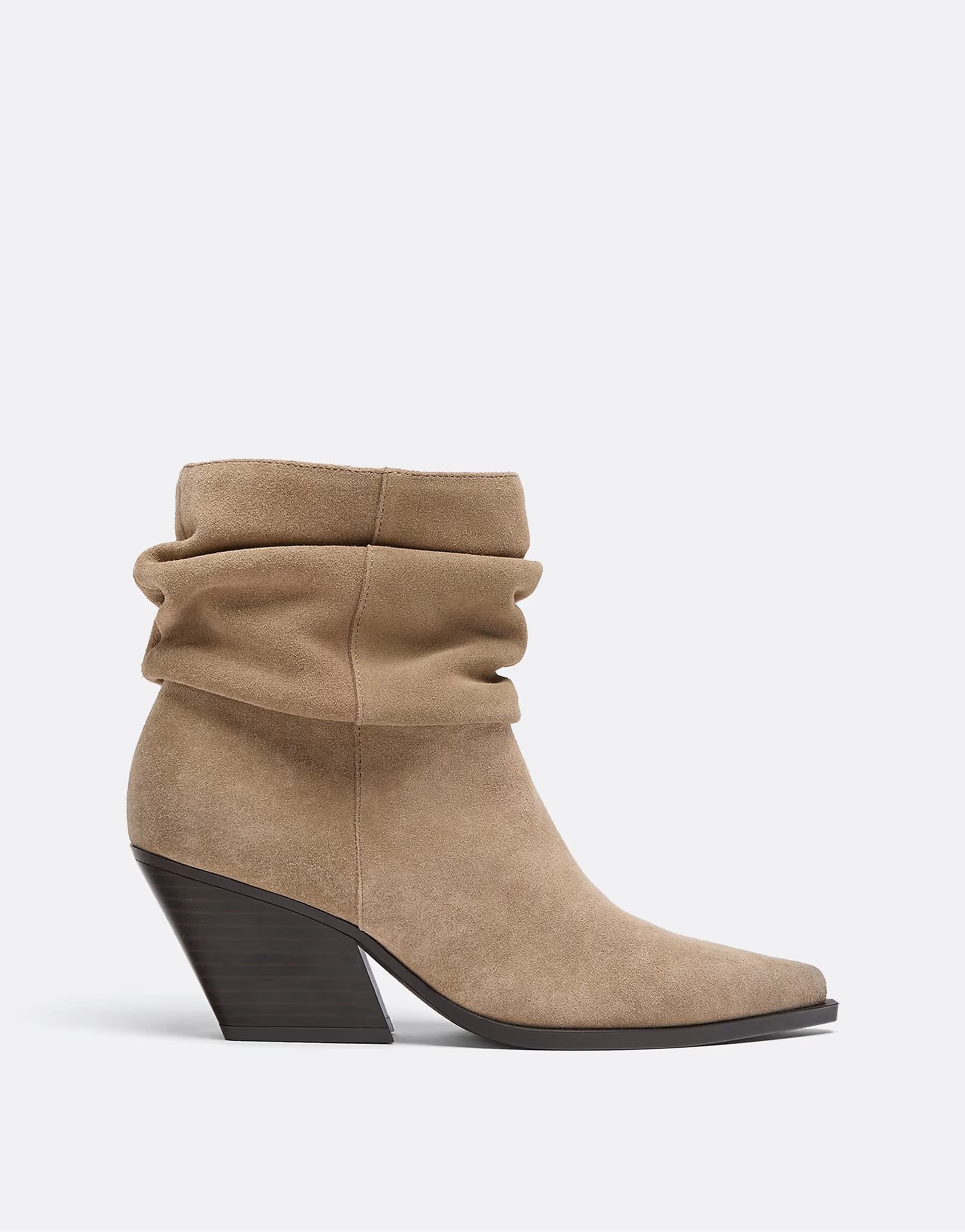 ASOS Stradivarius Leather slouchy heeled ankle boots in beige